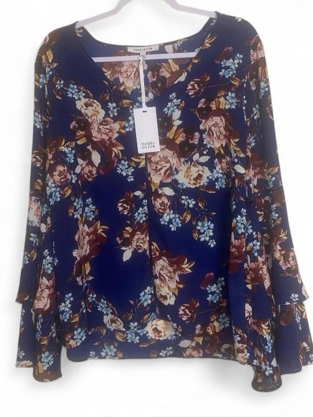 NWT Rose + Olive Navy Blue Floral Bell Sleeve Blouse Top